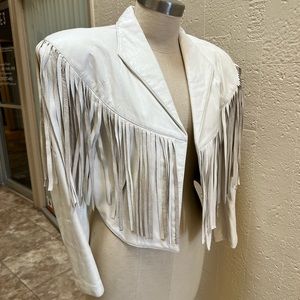 Vintage Cropped White Fringe Leather Jacket Continental Brand